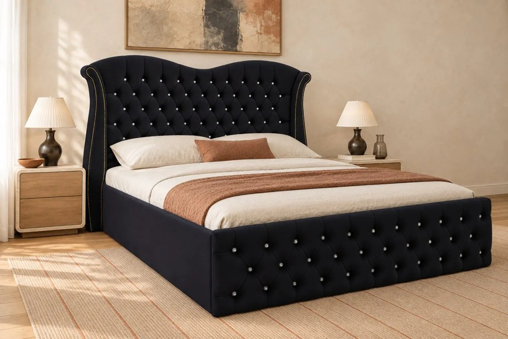Pat tapițat Chesterfield Avella 160×200 cm, negru, cu ladă de depozitare