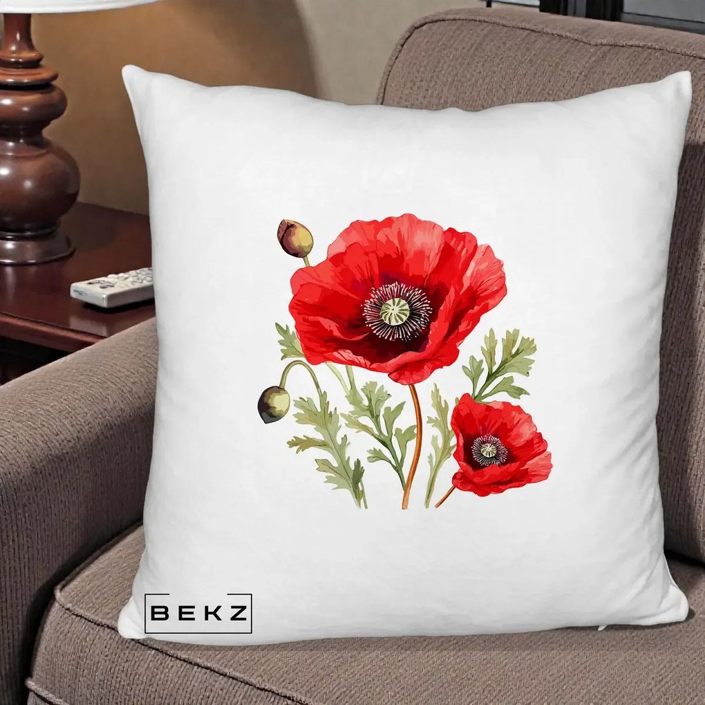 Perna Decorativa Maci Rosii Acuarela, 40x40 cm, Alb Pufos, Husa Detasabila, Perna Inclusa, BEKZ®