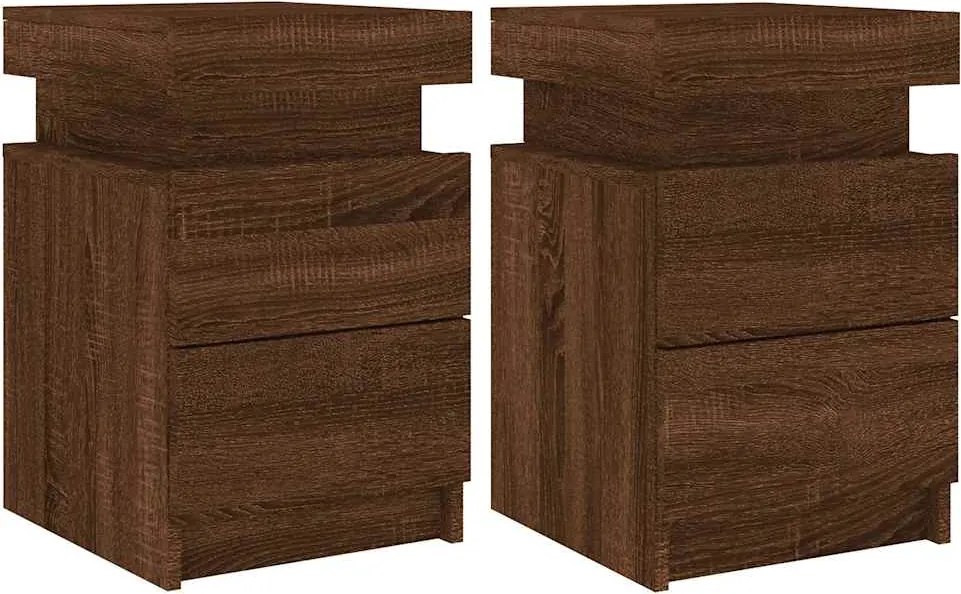 vidaXL Noptiere cu lumini LED, 2 buc., stejar maro, 35x39x55 cm