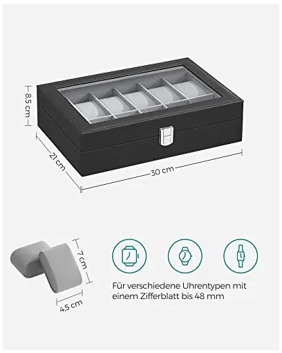 Cutie de ceasuri, Songmics, 20.2 x 30.2 x 7.8 cm, JWB12BK, Gri