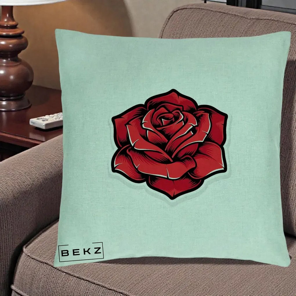 Perna Decorativa Trandafir Rosu Tattoo, 40x40 cm, Verde Menta, Husa Detasabila, Perna Inclusa, BEKZ®