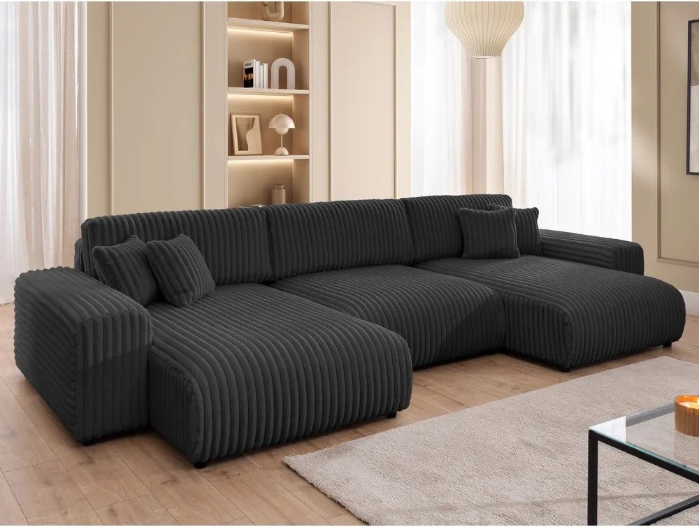 Colțar gri închis extensibil/cu spațiu de depozitare cu tapițerie din catifea reiată (în formă de "U") Sarina – Ropez