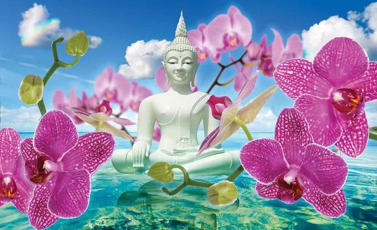 Zen Flowers Orchids Buddha Water Sky Fototapet, (368 x 254 cm)