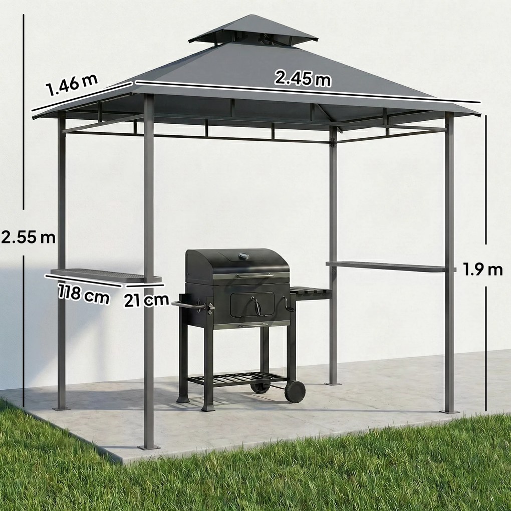 Outsunny Pavilion pentru grătar 2,4 x 1,4 m, Copertină pentru grătar rezistentă la vânt cu acoperiș dublu și orificiu de ventilare, rafturi laterale | Aosom Romania