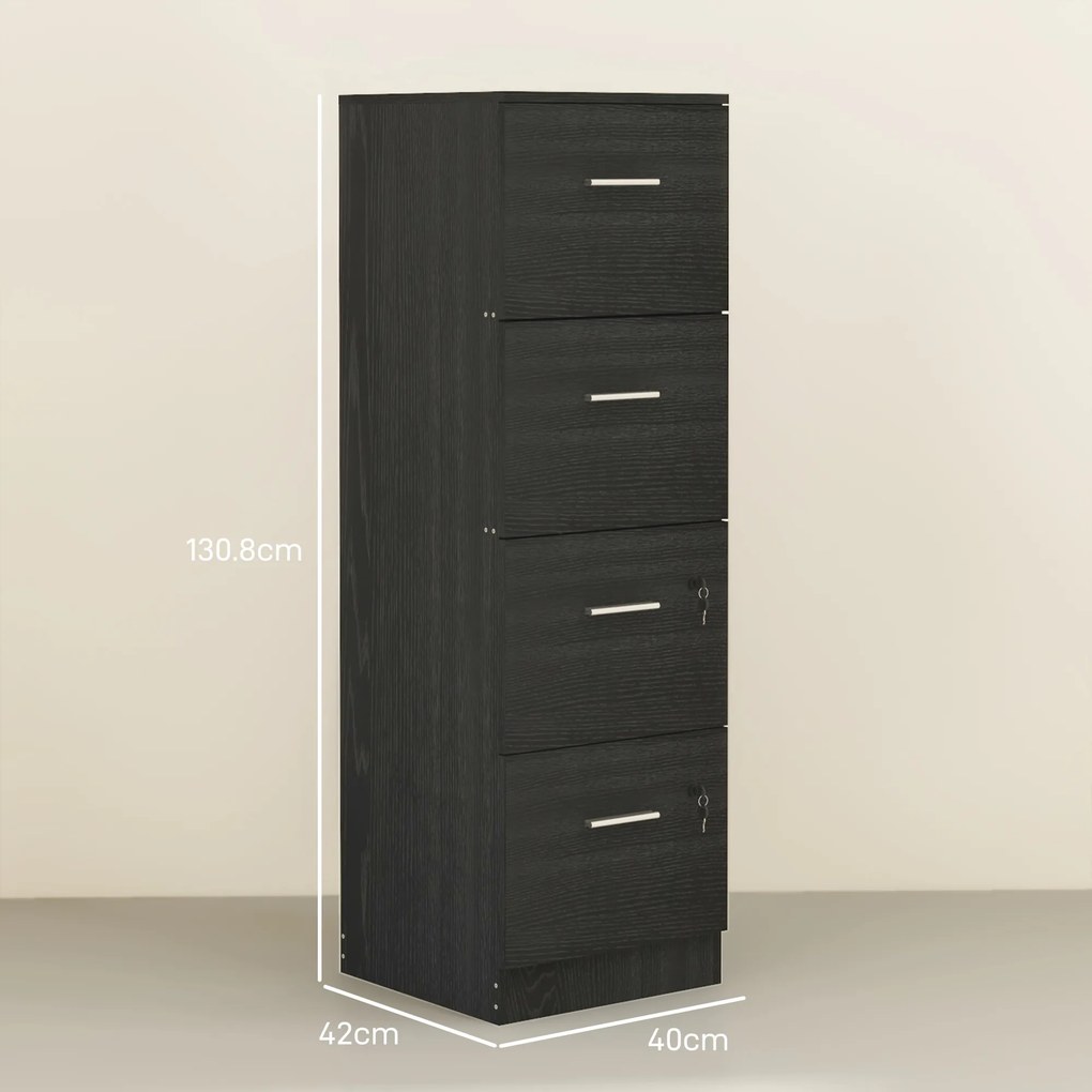 HOMCOM Dulap de Birou cu 4 Sertare, 2 Încuietori și Bare pentru Dosare Suspendate, cu Aspect de Lemn, 40x42x130,8 cm, Negru | Aosom Romania