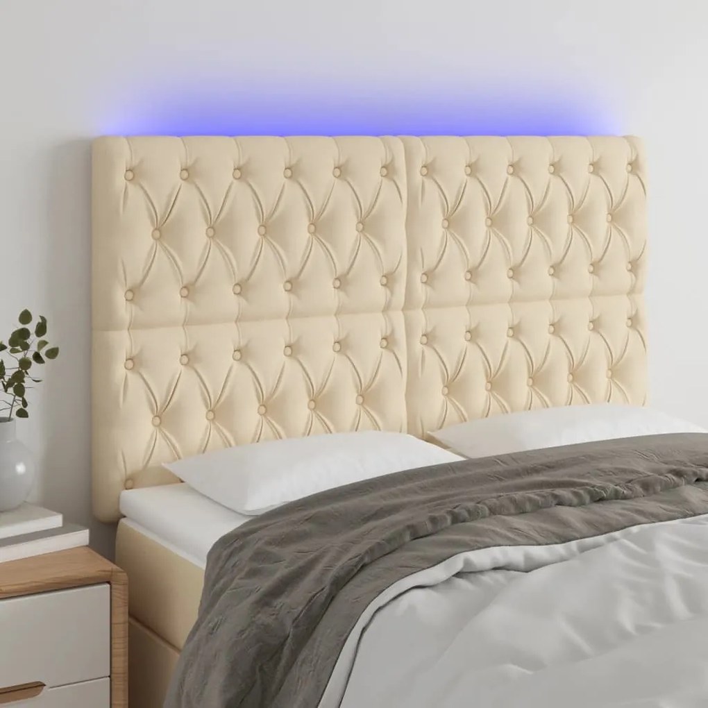 vidaXL Tăblie de pat cu LED, crem, 144x7x118/128 cm, textil