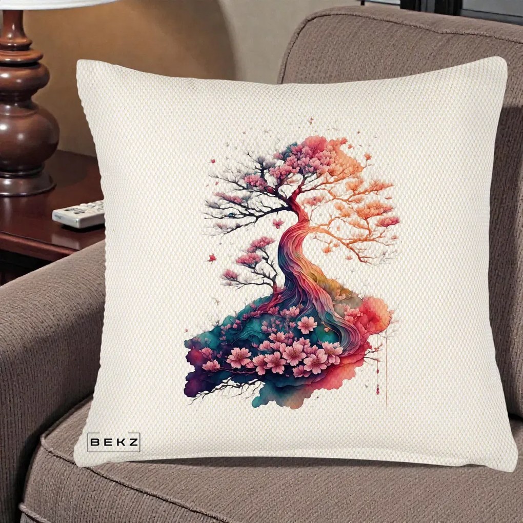 Perna Decorativa Copac Sakura Acuarela Fantasy, 40x40 cm, Crem Reliefat, Husa Detasabila, Perna Inclusa, BEKZ®