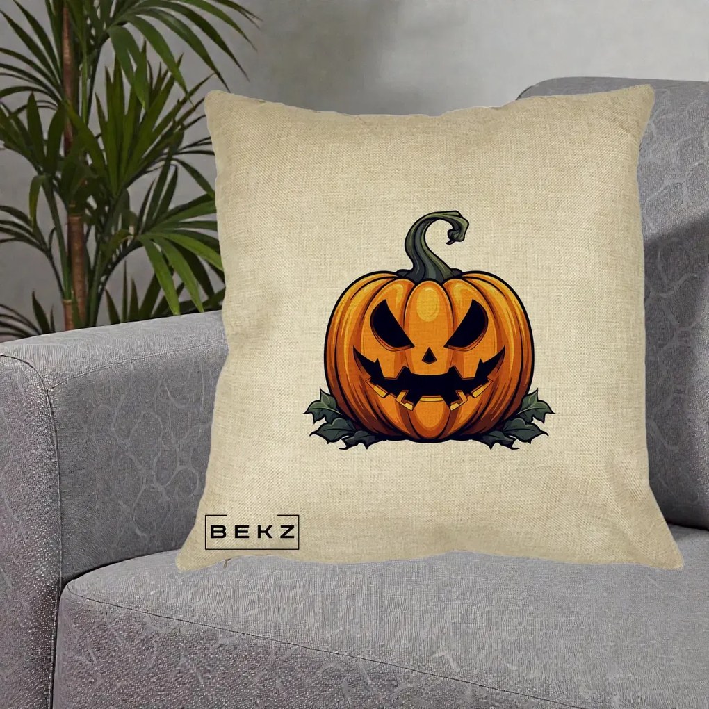 Perna Decorativa Halloween Jack-o'-Lantern Infricosator, 40x40 cm, Crem, Husa Detasabila, Perna Inclusa, BEKZ®