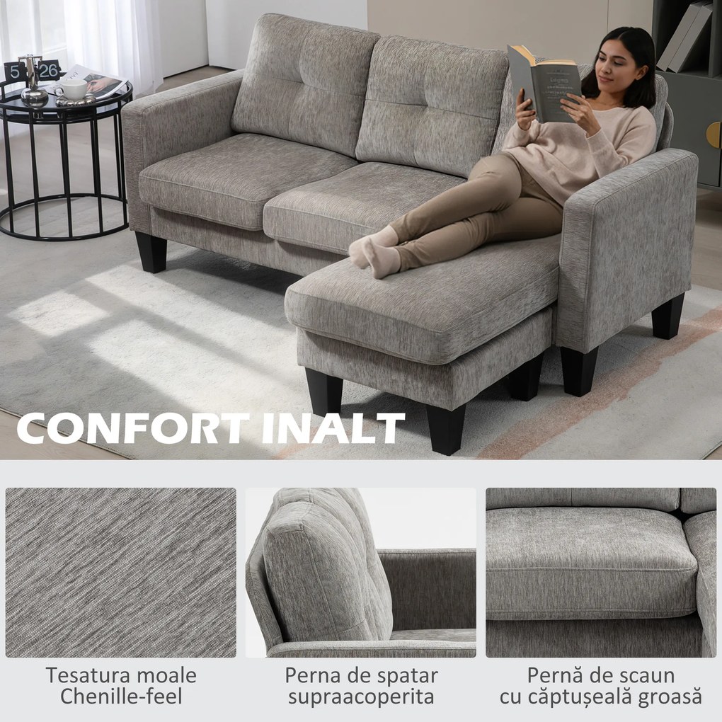 HOMCOM Canapea Colțar Extensibil cu Șezlong Reversibil, Pernă pentru Șezut și Spătar și 3 Locuri, 186x130x84 cm, Maro | Aosom Romania