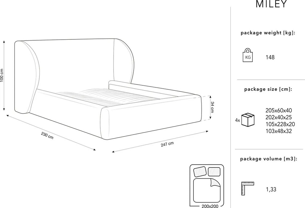 Pat tapitat cu tablie si lada depozitare, Miley, Micadoni Home, BL, 200x200 cm, catifea, bej deschis