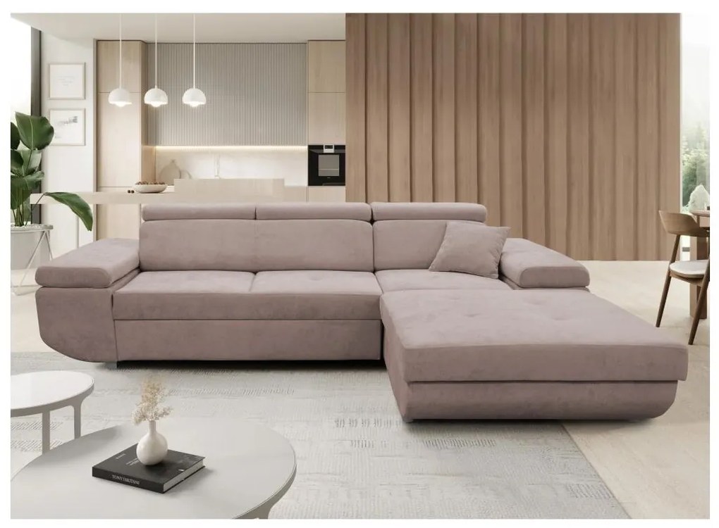 Colțar extensibil CASTELO în formă de L, cu spațiu de depozitare, cu șezlong pe partea dreaptă, bej