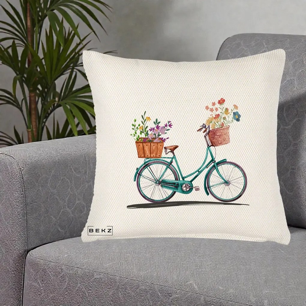 Perna Decorativa Bicicleta Florala Turcoaz Acuarela, 40x40 cm, Crem Reliefat, Husa Detasabila, Perna Inclusa, BEKZ®