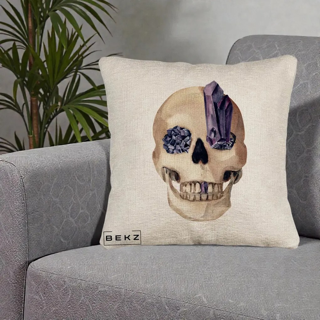 Perna Decorativa Craniu cu Cristale de Ametist, 40x40 cm, Bej Canapea, Husa Detasabila, Perna Inclusa, BEKZ®