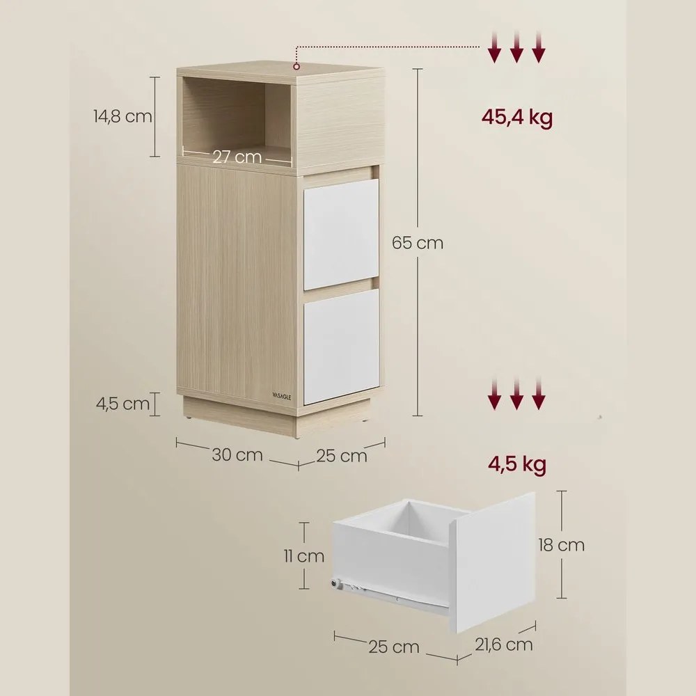 Noptieră ROBIN, 30x25x65cm, alb/bej Vasagle