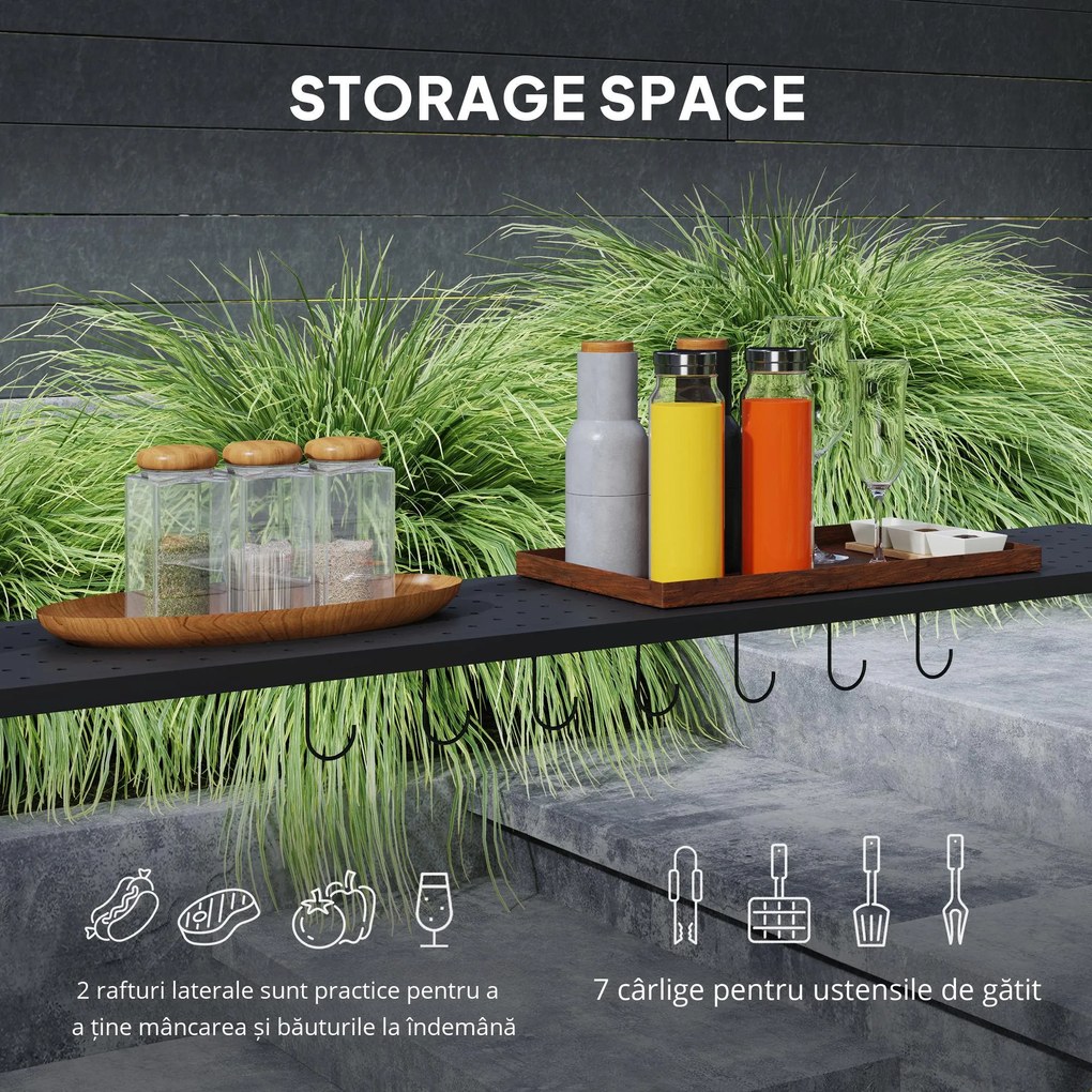 Outsunny Pavilion de grătar, 2 tavane laterale, cârlige, cadru din oțel, 1,1 x 2,3m, Gri închis | Aosom Romania