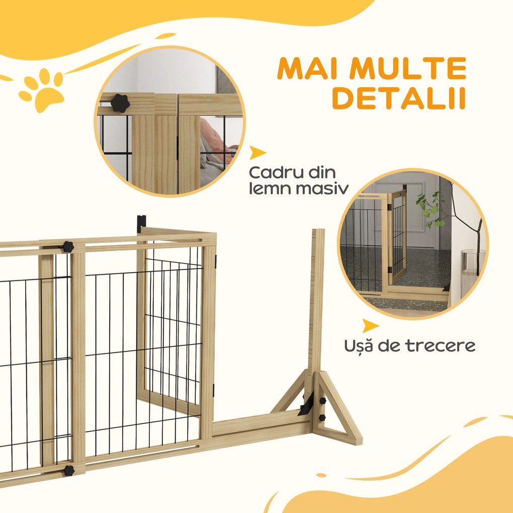 PawHut Gard Extensibil pentru Câini, Gard de Siguranță pentru Animale cu Ușă și 2 Panouri, Picioare Triangulare, 112-159x70 cm, Lemn Natural | Aosom Romania