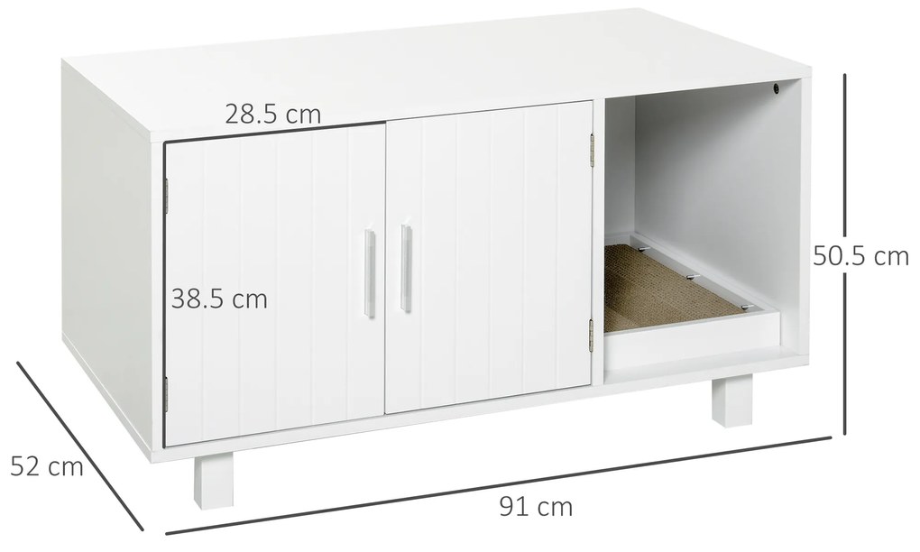 PawHut Mobilier din Lemn pentru Litiera Pisicilor, cu 2 Uși și Deschidere Laterală, 91x52x50,5 cm, Alb | Aosom Romania