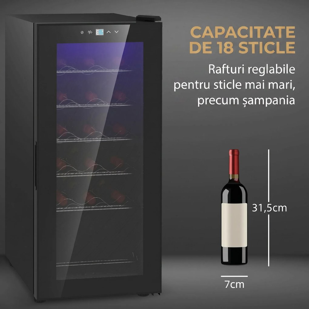 HOMCOM Frigider pentru Vinuri, Frigider de Vin cu Control al Temperaturii, Ecran Tactil Digital și Lumină LED, 18 Sticle, 34.5x45x78 cm, Negru