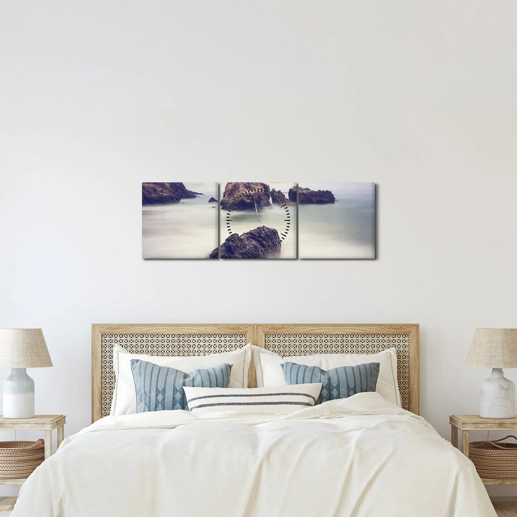 Tablou cu stânci în ceață (cu ceas) (90x30 cm)
