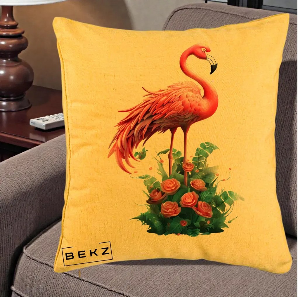 Perna Decorativa Flamingo cu Trandafiri Tropicali, 40x40 cm, Galben, Husa Detasabila, Perna Inclusa, BEKZ®