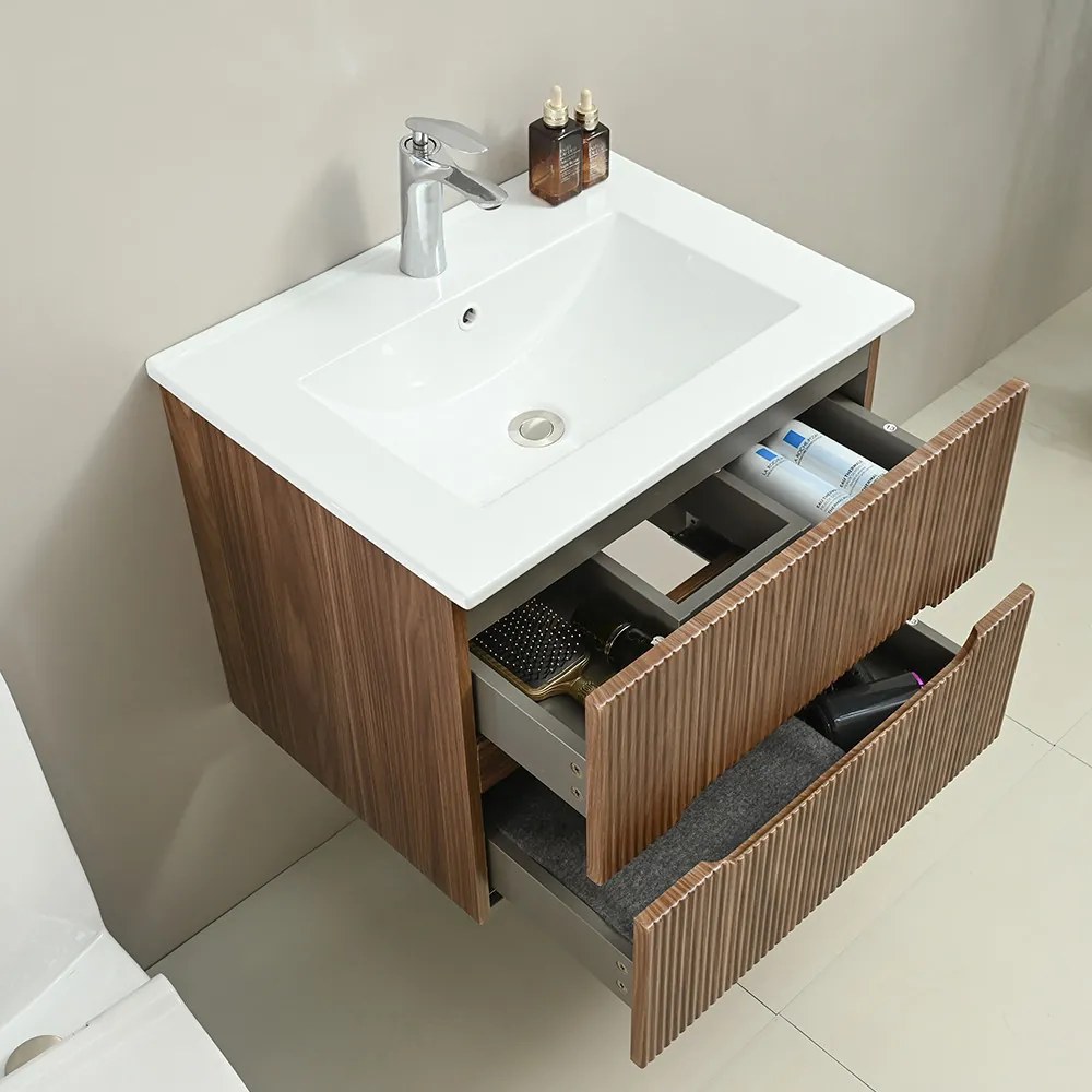 Mască de baie Trent 60 cu chiuvetă ceramică, 2 sertare, stejar apus de soare