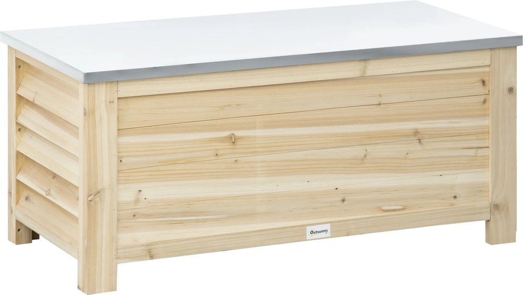 Outsunny Ladă de Depozitare Exterior din Lemn cu Capac Metalic Galvanizat și Design cu Șipci 110x50x50 cm Lemn Natural | Aosom Romania