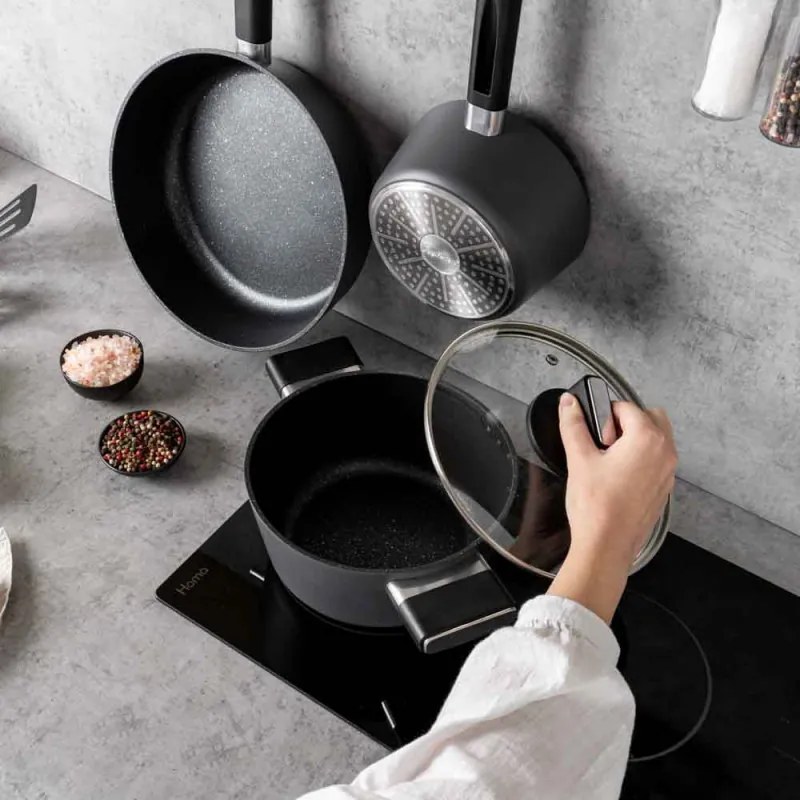 Cratiță Luigi Ferrero Regina FR-2040 20x10 cm, 2,5 l, Acoperire antiaderentă cu efect de marmură, Capac din sticlă cu orificiu pentru abur, Negru