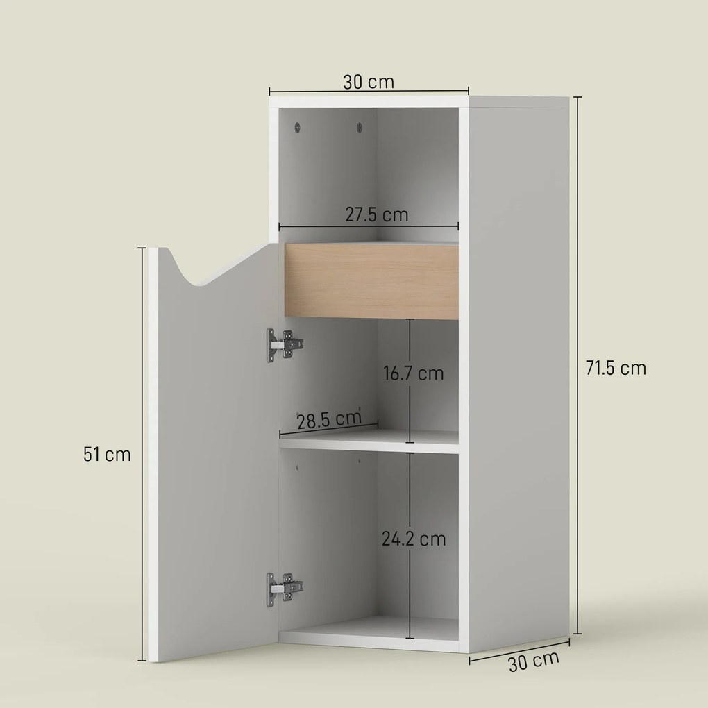 HOMCOM Dulăpior pentru Baie Îngust cu Ușă Amortizată și Raft Deschis, Mobilier Compact cu Rafturi Reglabile, pentru Bucătărie, Sufragerie sau Baie, 30x30x71,5 cm, Alb și Lemn Natur | Aosom Romania