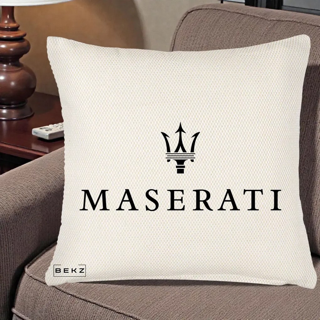 Perna Personalizata cu emblema Maserati, 40x40 cm, Crem Reliefat, Husa Detasabila, Perna Inclusa, BEKZ®