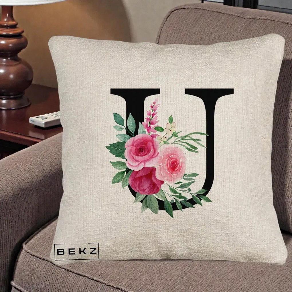 Cadou Personalizat - Perna Personalizata Monograma Florala Litera U, 40x40 cm, Bej Canapea, Husa Detasabila, Perna Inclusa, BEKZ®