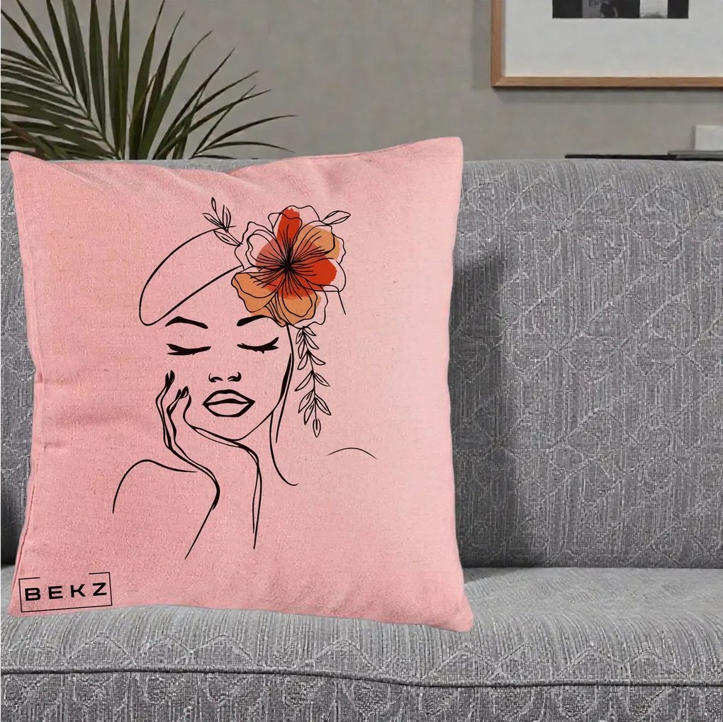 Perna Decorativa Portret Feminin Flori Palarie, 40x40 cm, Roz, Husa Detasabila, Perna Inclusa, BEKZ®