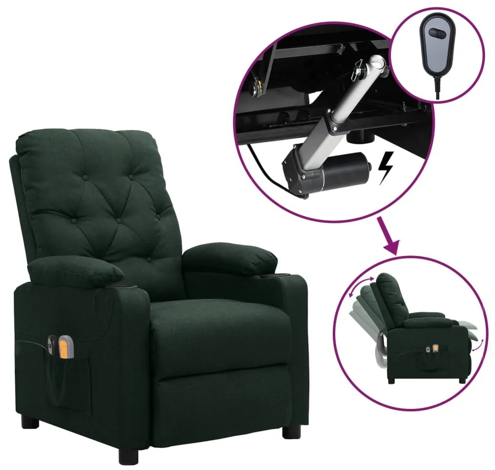 vidaXL Fotoliu de masaj electric, verde închis, material textil