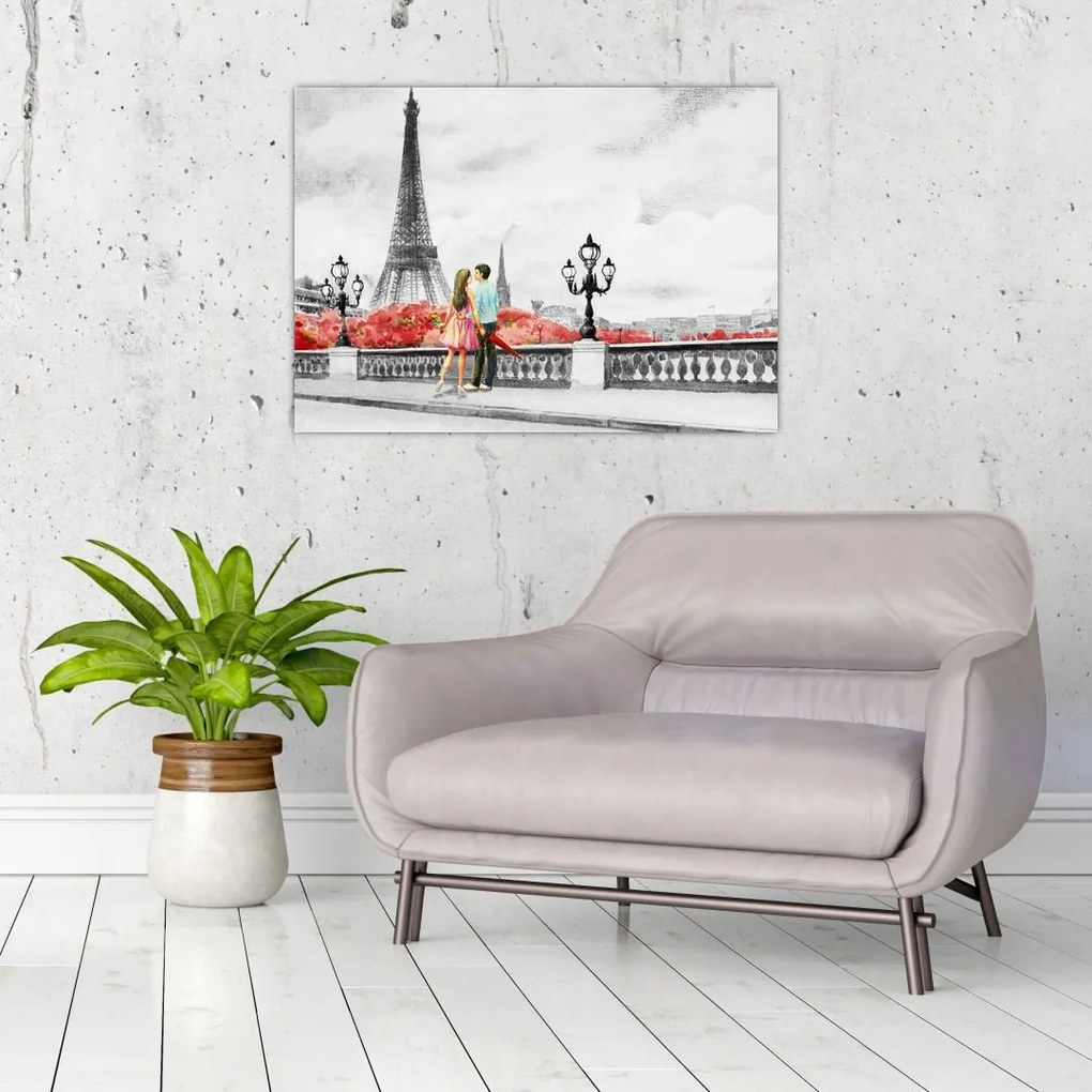 Tablou pe sticlă îndrăgostiții în Paris (70x50 cm)