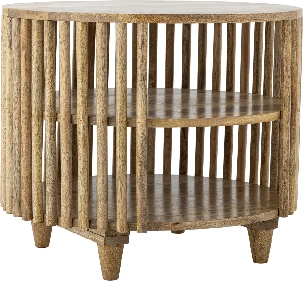 Măsuță de cafea din lemn de mango, rotundă, cu structură din lamele verticale și 2 rafturi inferioare, natur, finisaj lăcuit, 60×50 cm, „Sali"