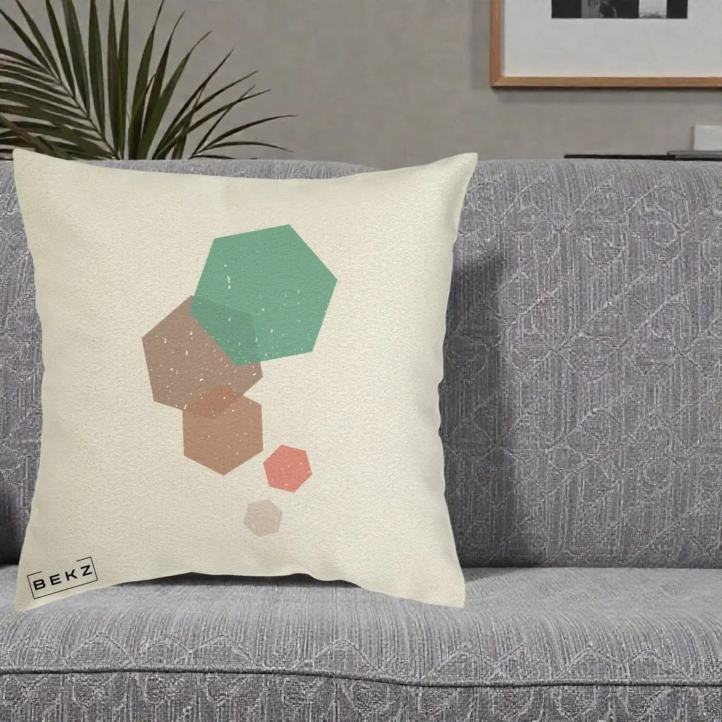 Perna Decorativa Geometric Hexagoane Pastel, 40x40 cm, Ecru, Husa Detasabila, Perna Inclusa, BEKZ®