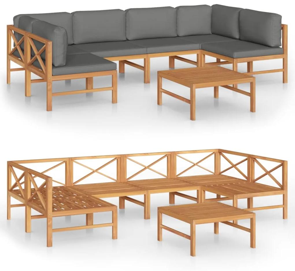 Set mobilier gradina cu perne gri, 7 piese, lemn masiv de tec Gri, 2x colt + 4x mijloc + masa, 1