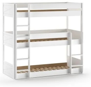 Pat supraetajat triplu pentru copii SCOTT, alb, 90 x 200 cm, din pin scandinav masiv, cu 3 spații de dormit – Vipack