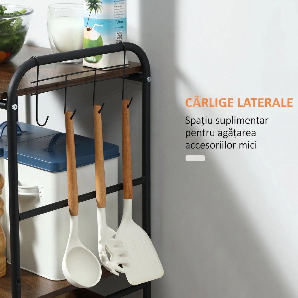 HOMCOM Cărucior Bucătărie cu 2 Coșuri Metalice Detașabile, Rafturi PAL, Cârlige Laterale, 40x38x111cm, Nuc | Aosom Romania