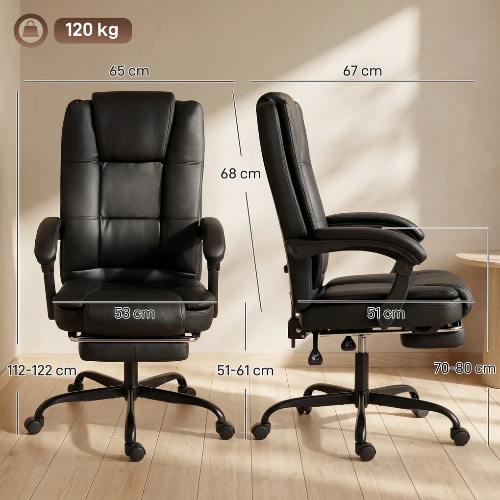 HOMCOM Scaun Birou Ergonomic Reclinabil Rotativ din Piele PU cu Suport pentru Picioare, Înălțime Reglabilă, Negru | Aosom Romania