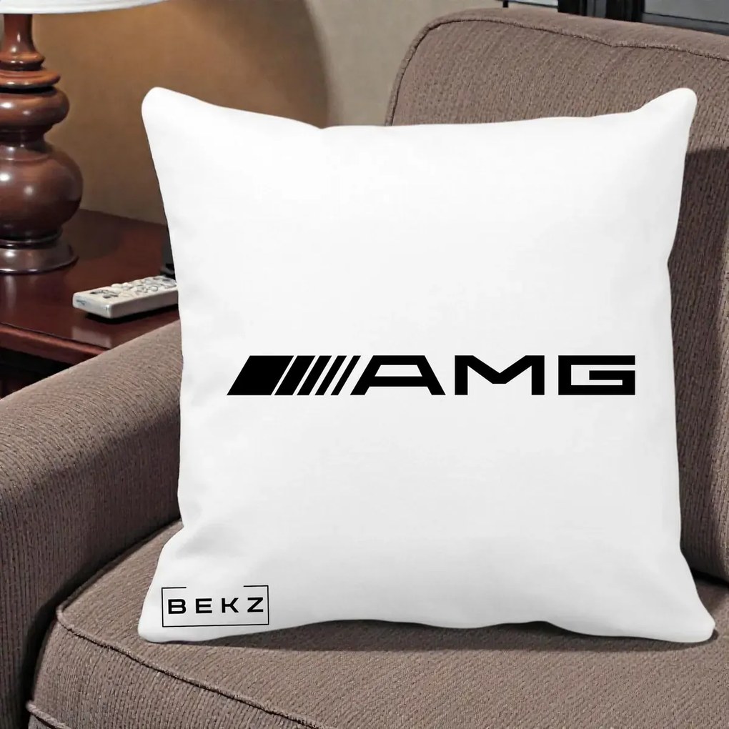 Perna Personalizata cu emblema Mercedes-AMG, 40x40 cm, Alba Mata, Husa Detasabila, Perna Inclusa, BEKZ®