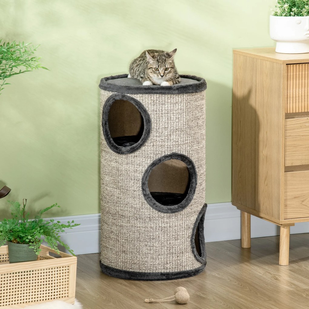 PawHut Copac de Zgăriere cu 3 Nivele, incl. Suprafața de zgărire din sfoară de sisal, Copac de zgăriere pentru pisici, 38 cm x 38 cm x 70 cm, Gri | Aosom Romania