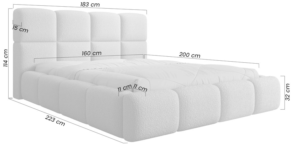 Pat tapițat Cloud 160x200 cu spațiu depozitare - bouclé gri Quelle 83