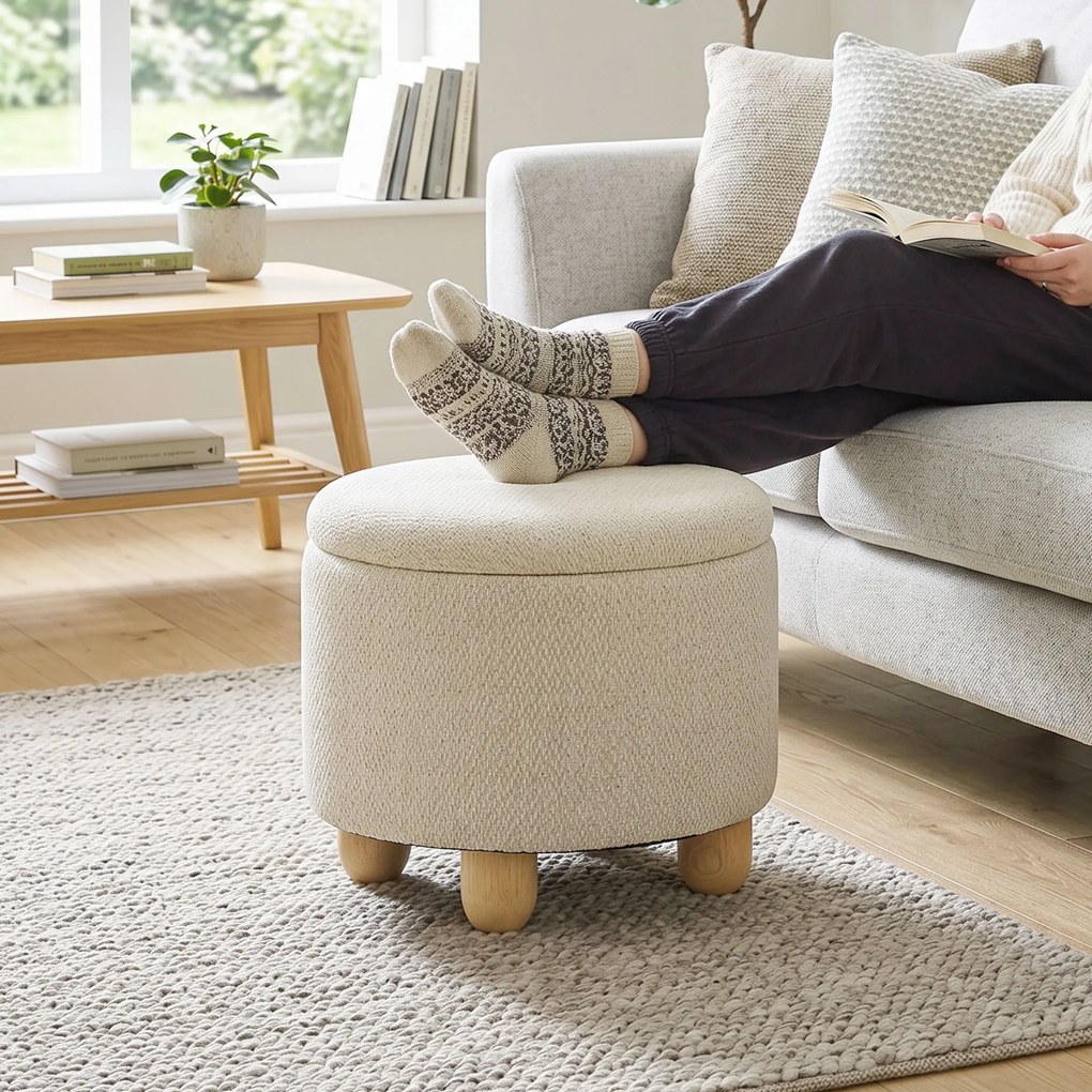 HOMCOM Taburet Rotund cu Spațiu de Depozitare, Capac, 19 L, Material Textil cu Aspect de Iută, 38,5x38,5x33,5 cm, Bej | Aosom Romania