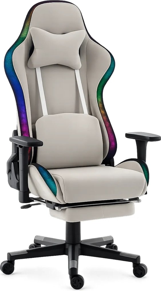 Scaun Gaming cu Masaj 7 Puncte și Încălzire, RGB, Iluminare LED Multicolor, Telecomenzi, Cotiere 3D, Reclinare 180°, Suport Picioare, Catifea, Gri
