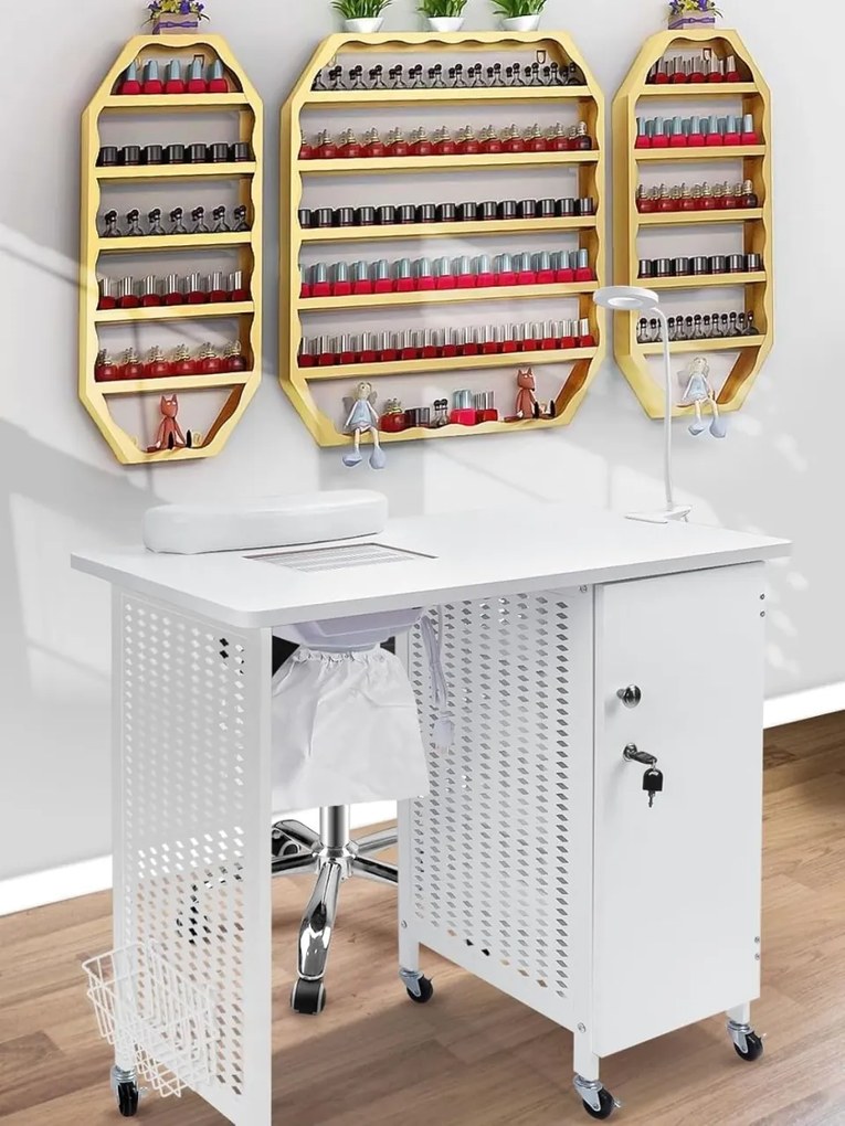 MANIA1 - Masuta manichiura, 90 cm, cu aspirator incorporat, perna maini si lampa LED, masa cosmetica - Alb/ Negru / Negru-Auriu