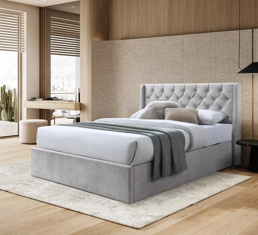 Pat tapitat Prestige 1, 160x200, cu somiera metalica rabatabila si spatiu de depozitare, culoare Crem