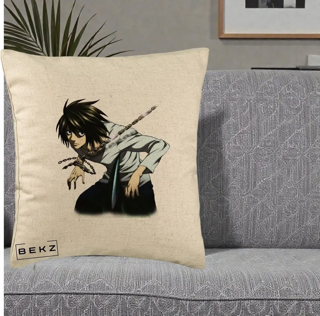 Perna Personalizata Death Note L Lawliet Lanturi, 40x40 cm, Bej, Husa Detasabila, Perna Inclusa, BEKZ®