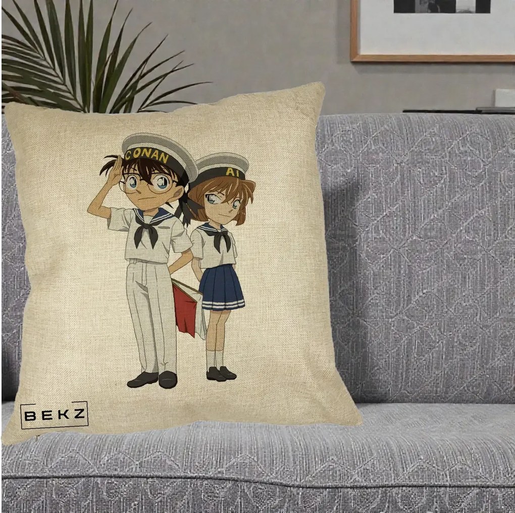 Perna Personalizata Detective Conan Conan si Ai Sailor, 40x40 cm, Crem, Husa Detasabila, Perna Inclusa, BEKZ®