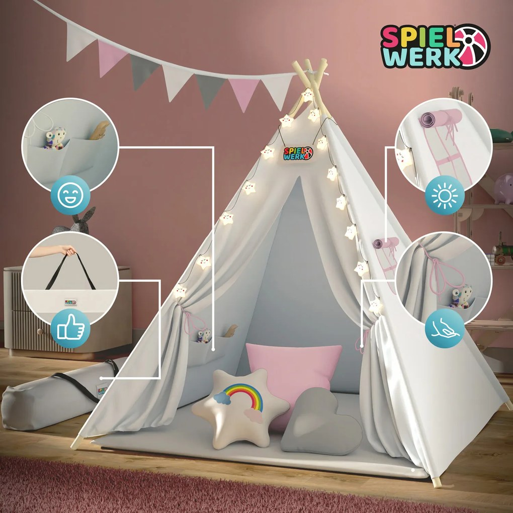 Cort tip teepee pentru copii JULIA, 160x120x120cm, bej/roz Jurhan