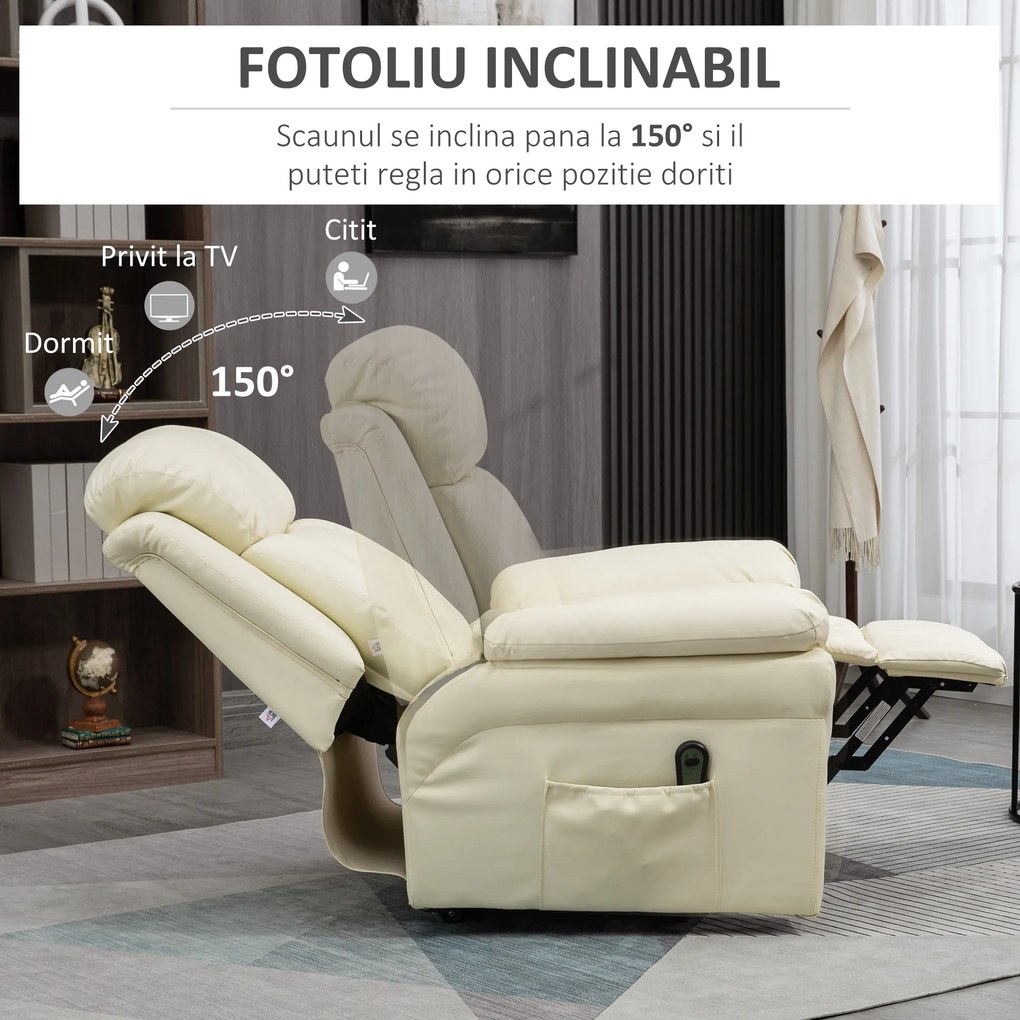 HOMCOM - Fotoliu Rabatabil cu Ridicare Electrica, Fotoliu Relax cu Capitonaj Gros si Telecomanda, 96x93x105 cm, Crem | Aosom Romania